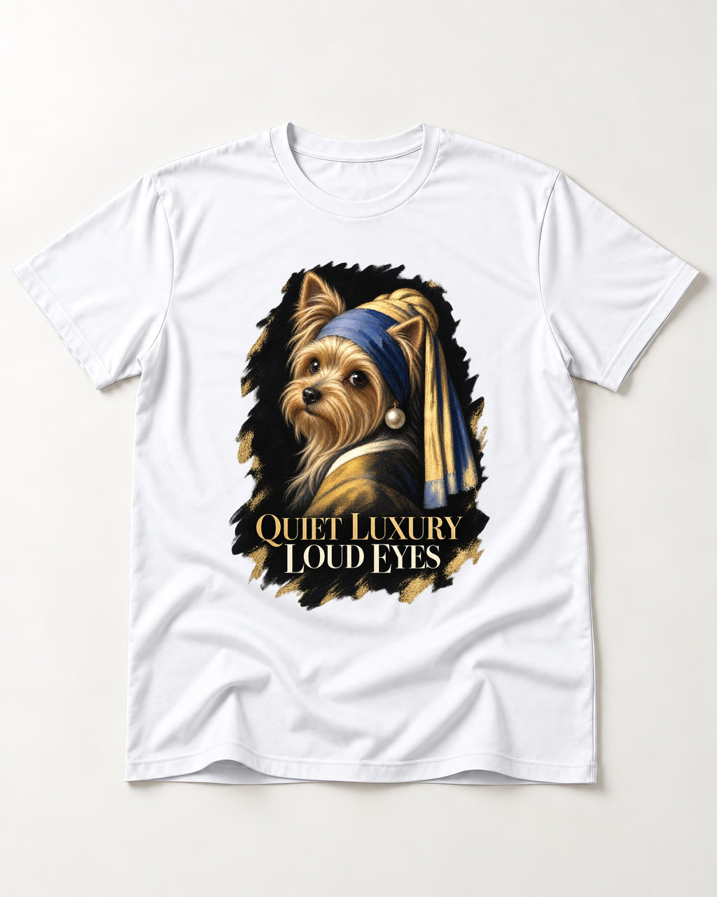 Yorkshire Terrier Quiet Luxury Loud Eyes Pearl Portrait Graphic T-Shirt in White, flat lay product photo