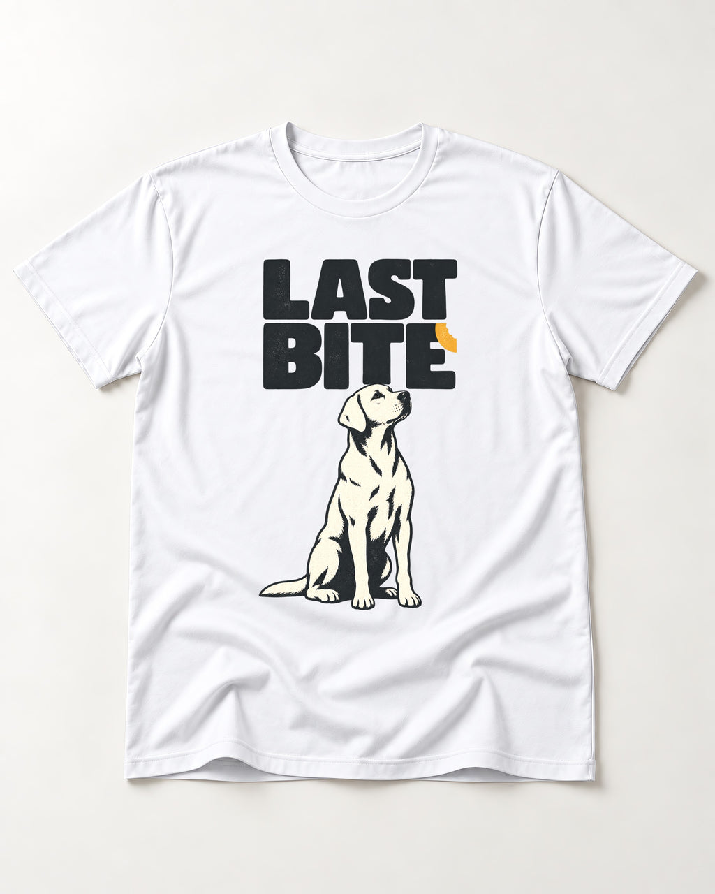 Labrador Retriever's Last Bite T-Shirt in White, flat lay product photo