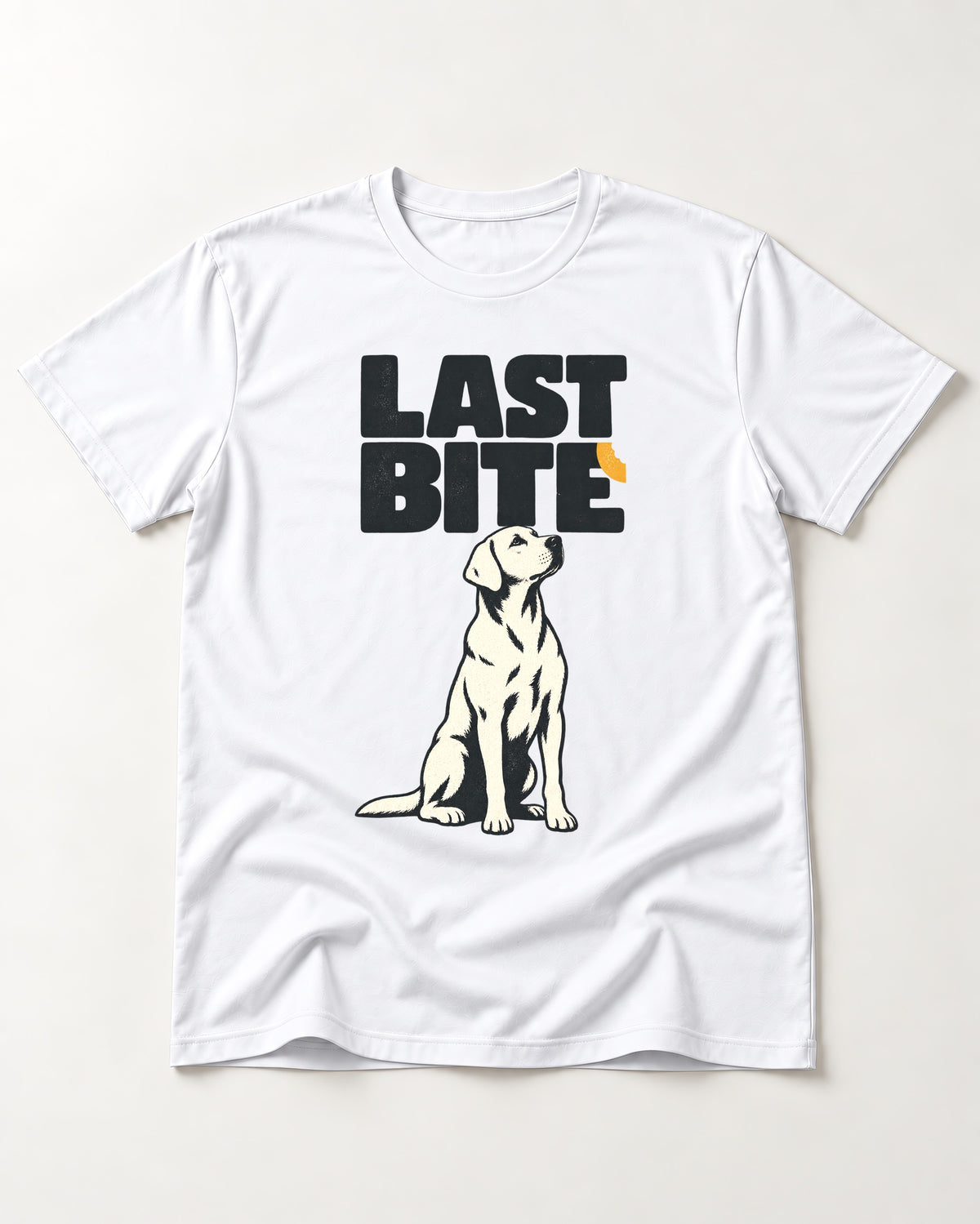 Labrador Retriever's Last Bite T-Shirt in White, flat lay product photo