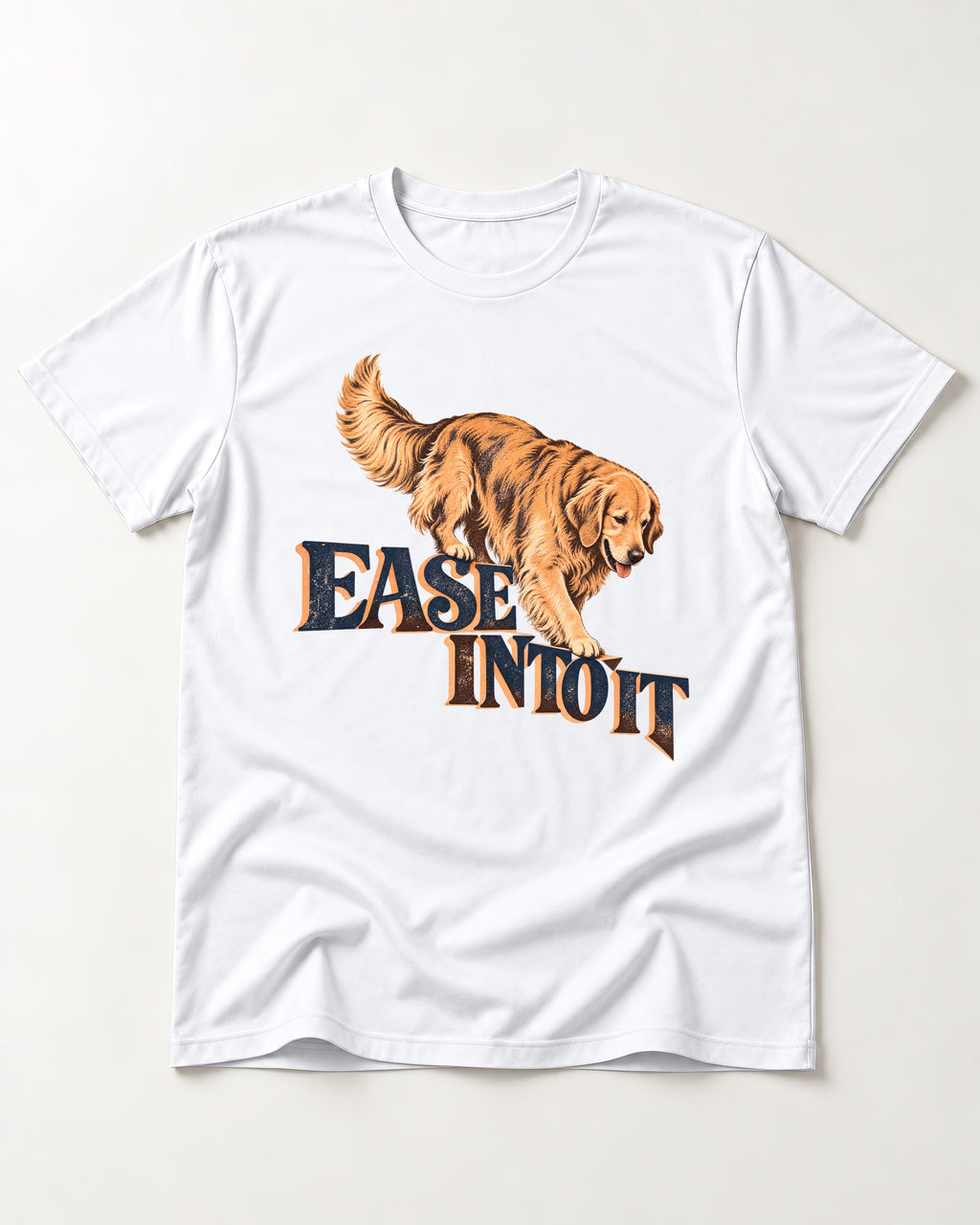 Golden Retriever Ease Into It T-Shirt in White, flat lay product photo