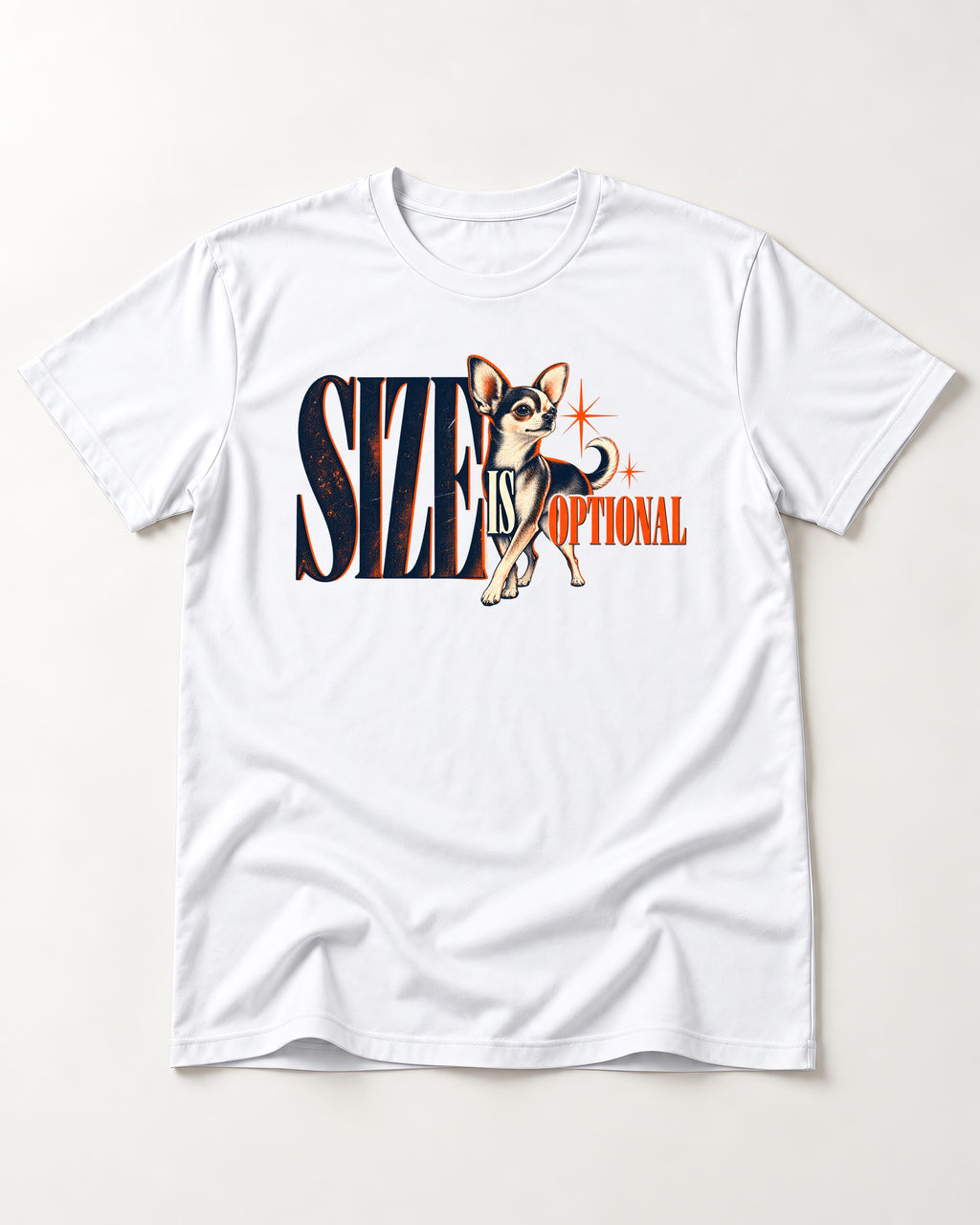 Chihuahua Size Is Optional Starburst Graphic T-Shirt in White, flat lay product photo