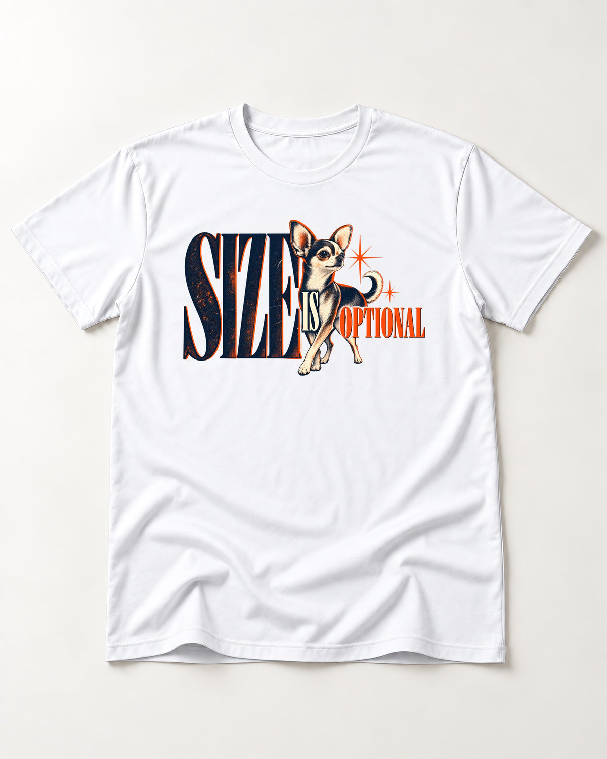 Chihuahua Size Is Optional Starburst Graphic T-Shirt in White, flat lay product photo