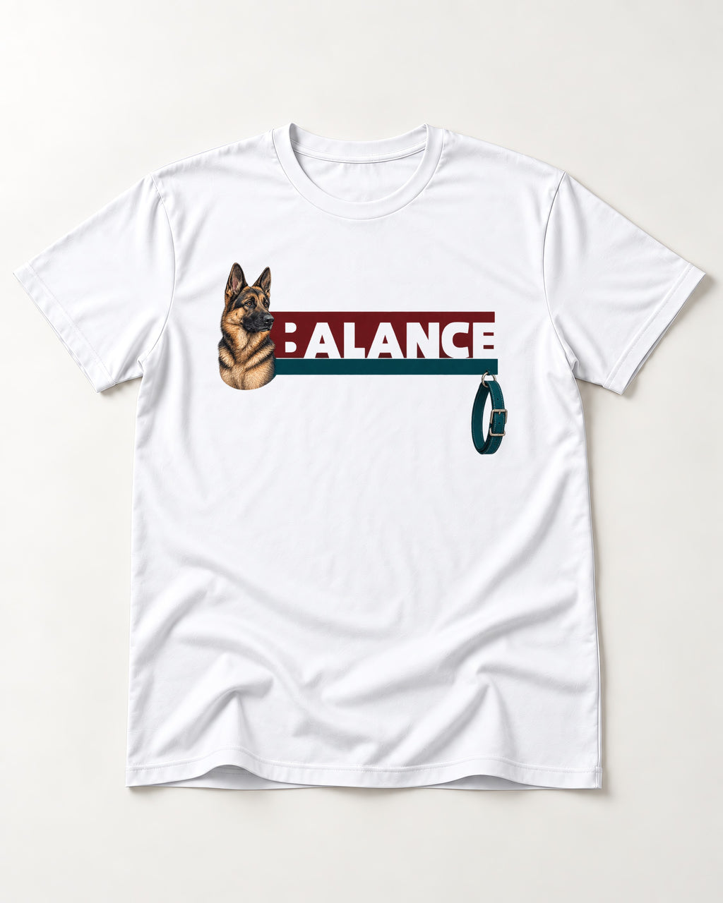 German Shepherd Dog Balance T-Shirt in White, flat lay product photo