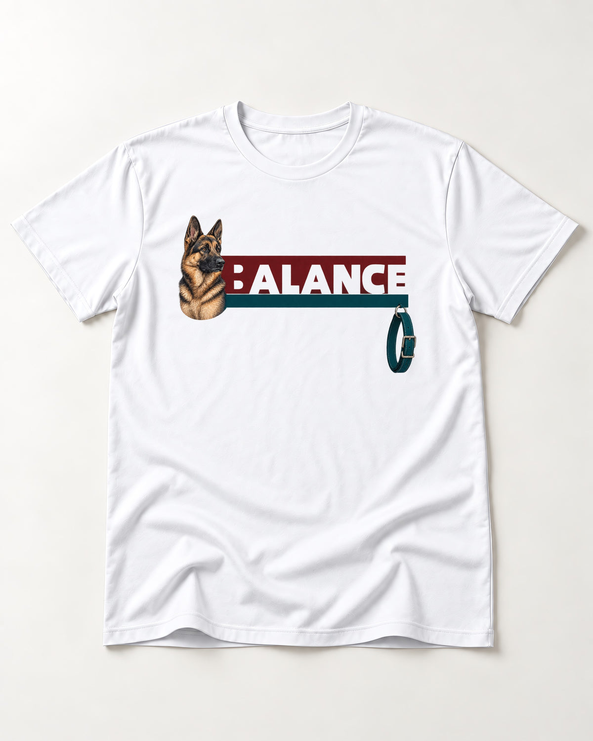German Shepherd Dog Balance T-Shirt in White, flat lay product photo
