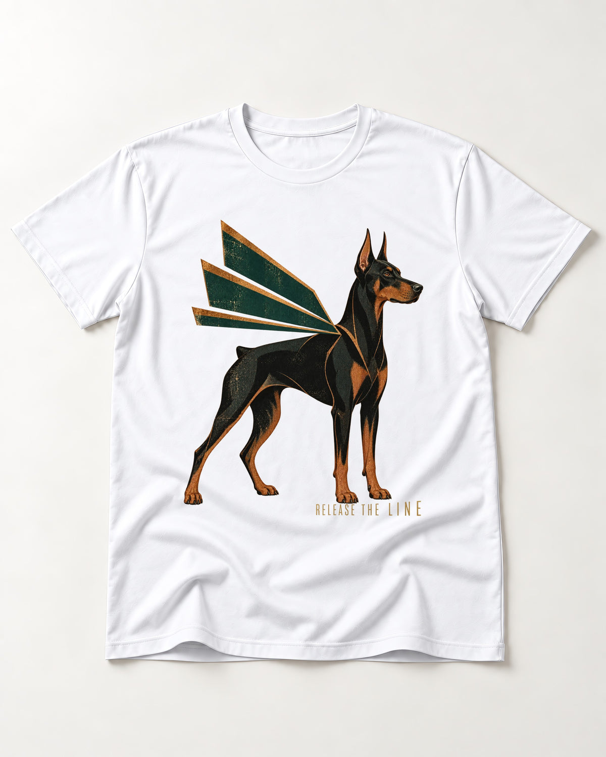 Release the Doberman Line T-Shirt in White, flat lay product photo