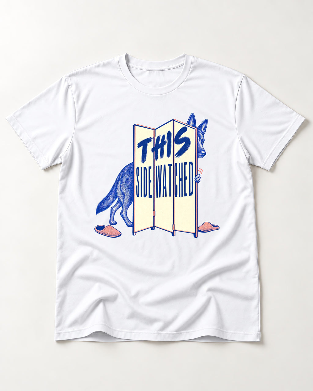 This Side Watched by German Shepherd Dog T-Shirt in White, flat lay product photo