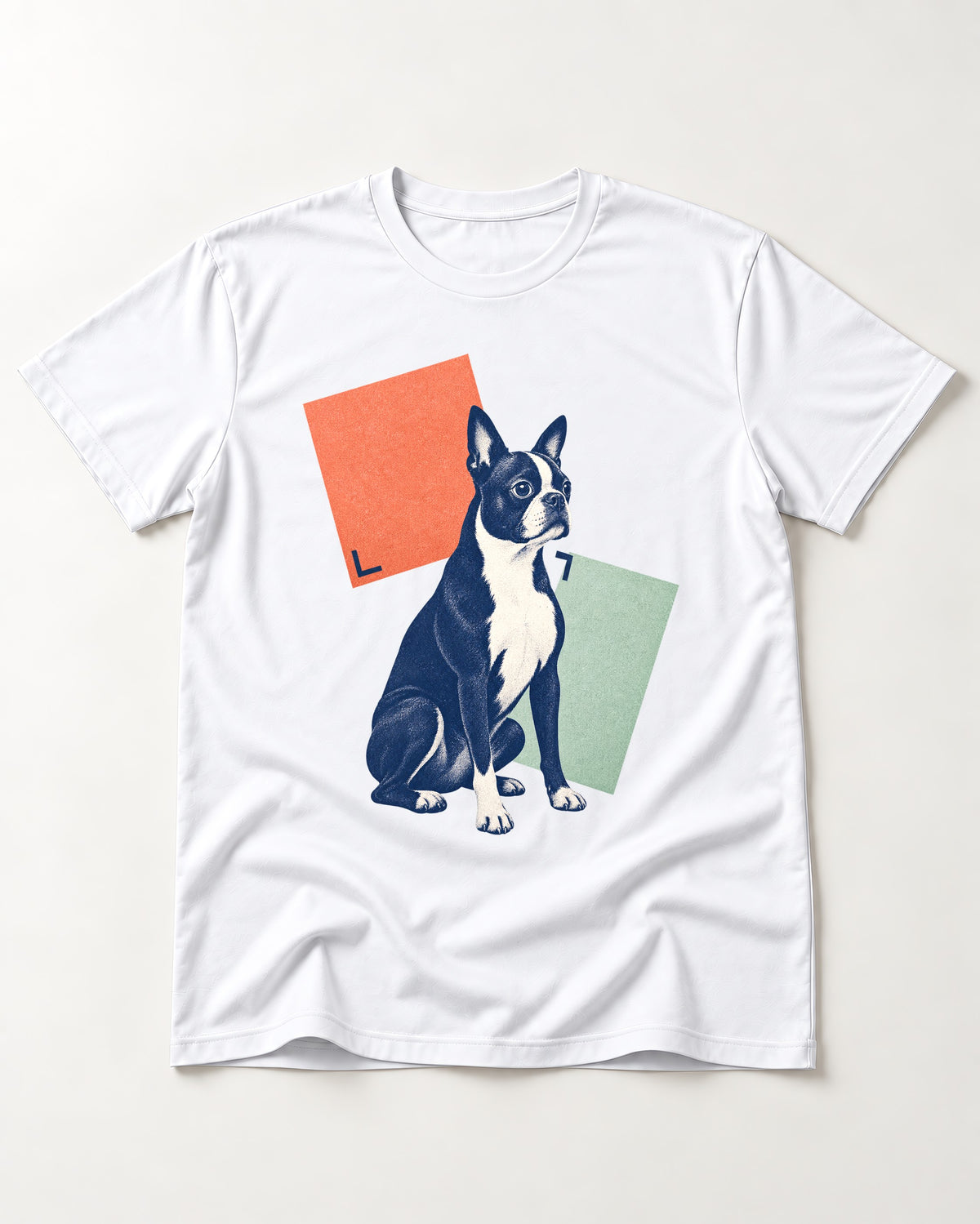 Boston Terrier Quiet Confidence T-Shirt in White, flat lay product photo