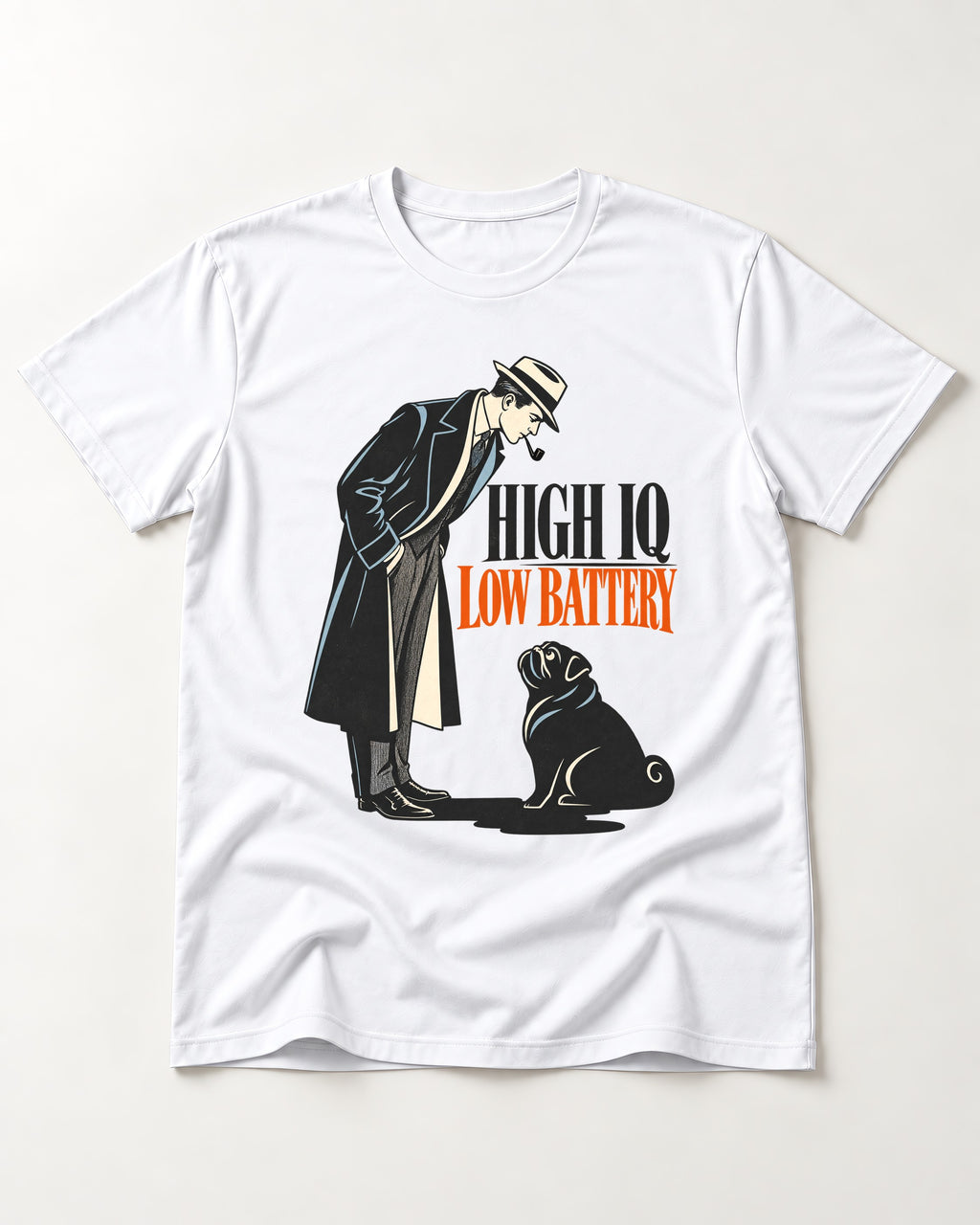High Iq Low Battery Pug T-Shirt in White, flat lay product photo