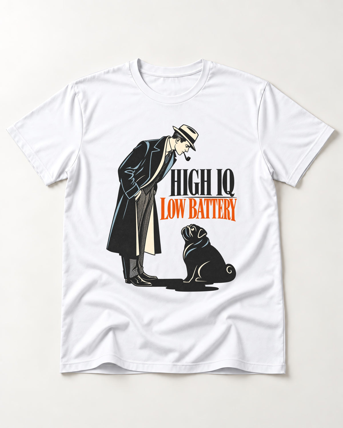 High Iq Low Battery Pug T-Shirt in White, flat lay product photo