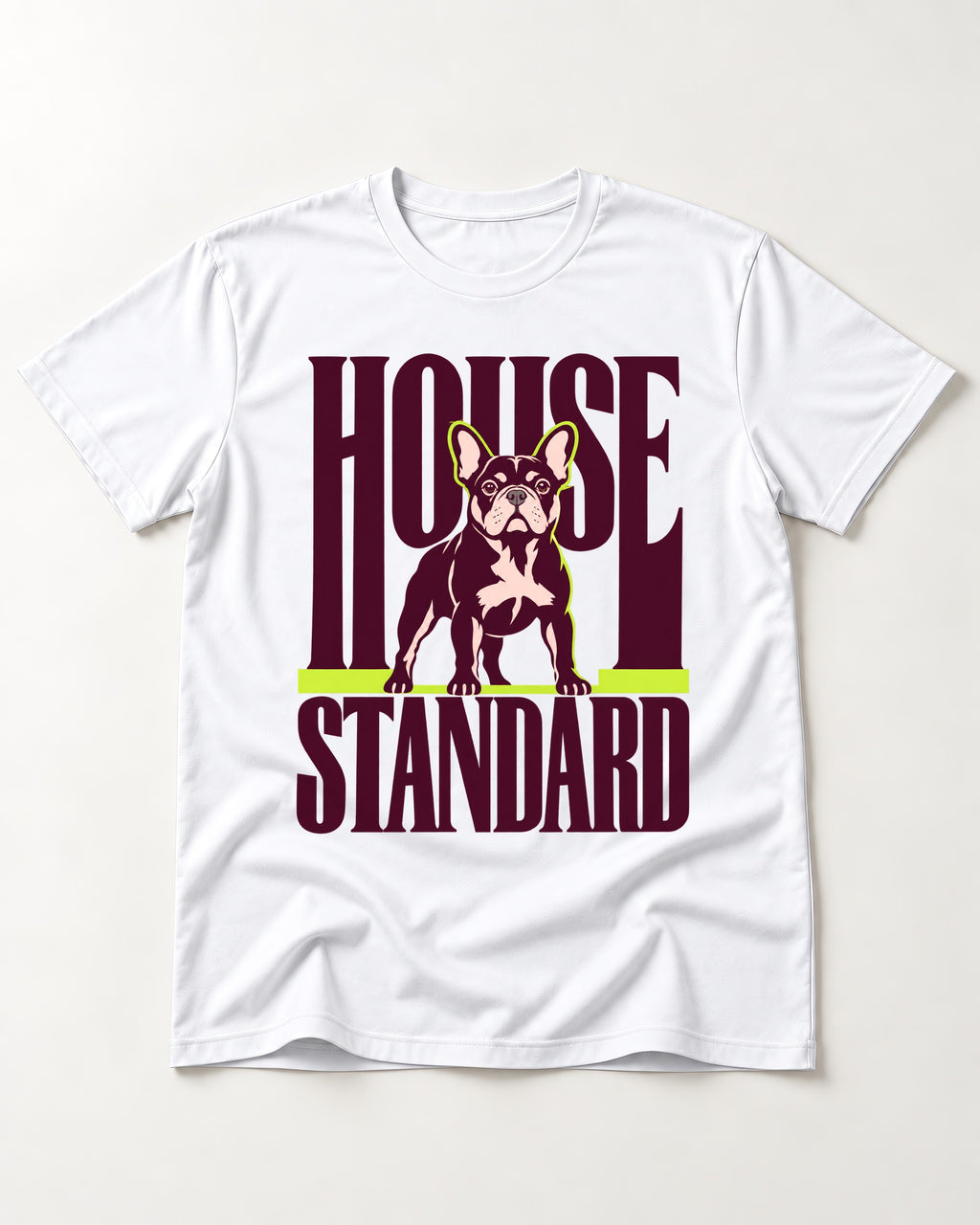 Frenchie House Standard T-Shirt in White, flat lay product photo