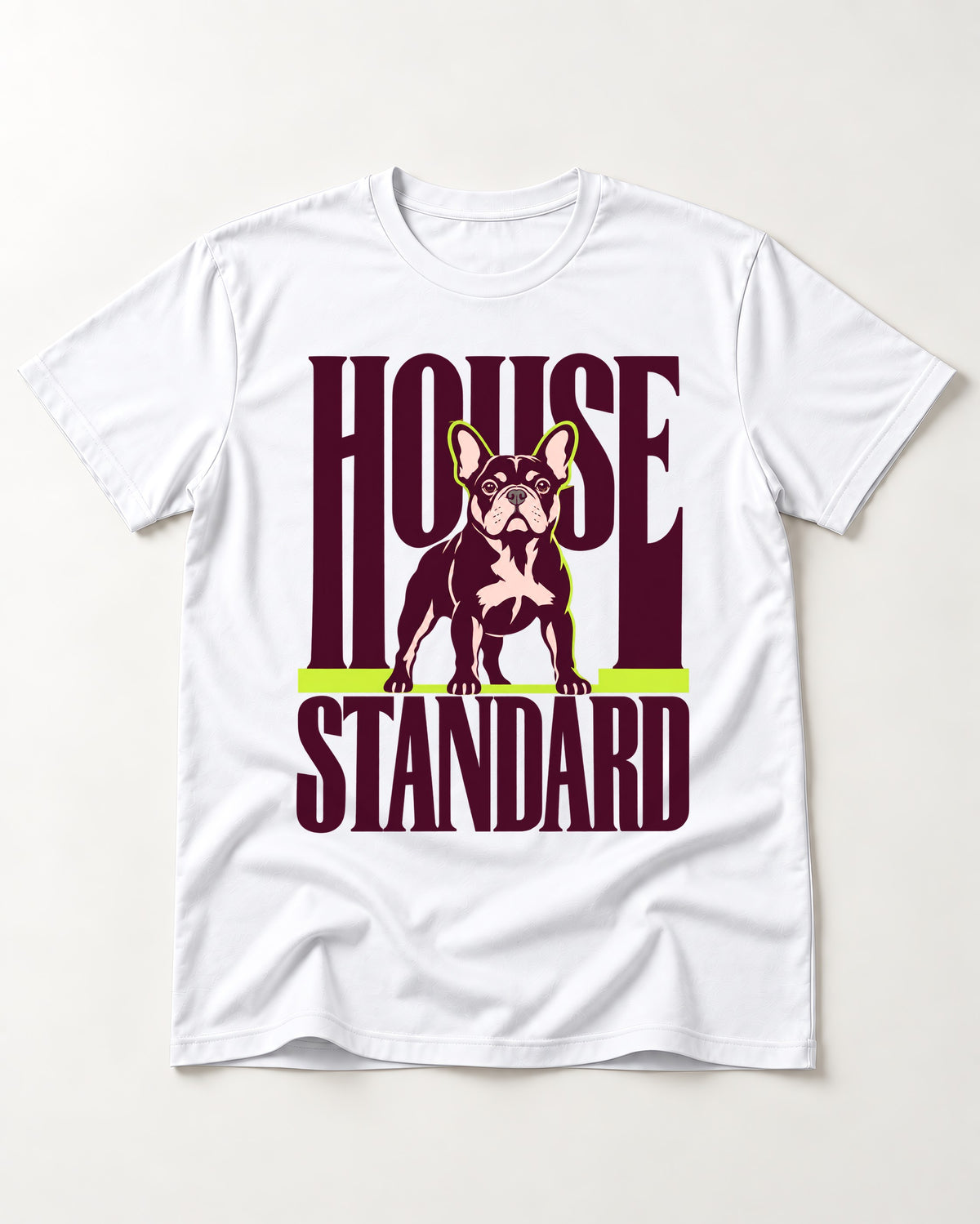 Frenchie House Standard T-Shirt in White, flat lay product photo