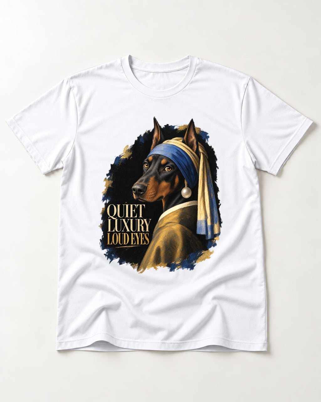 Doberman Quiet Luxury Loud Eyes Pearl Portrait Graphic T-Shirt in White, flat lay product photo