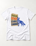 Package Stack Stable Enough German Shepherd Dog T-Shirt in White, flat lay product photo