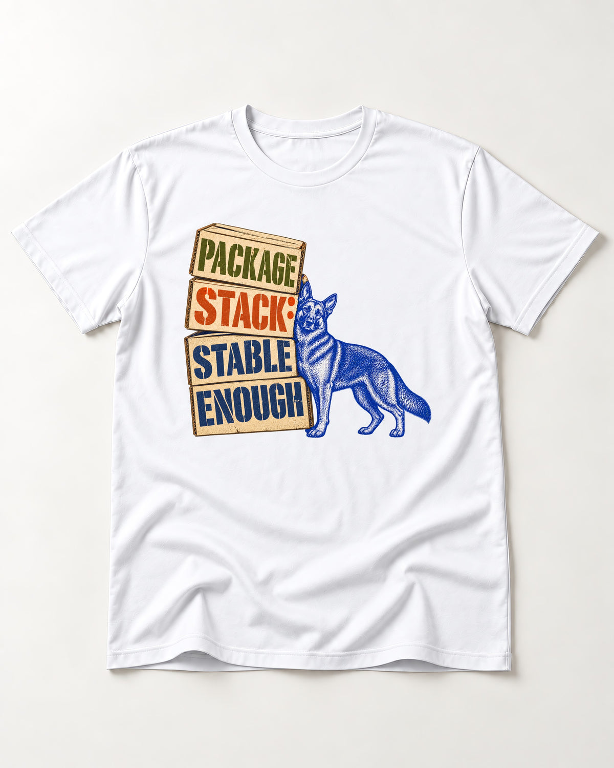 Package Stack Stable Enough German Shepherd Dog T-Shirt in White, flat lay product photo