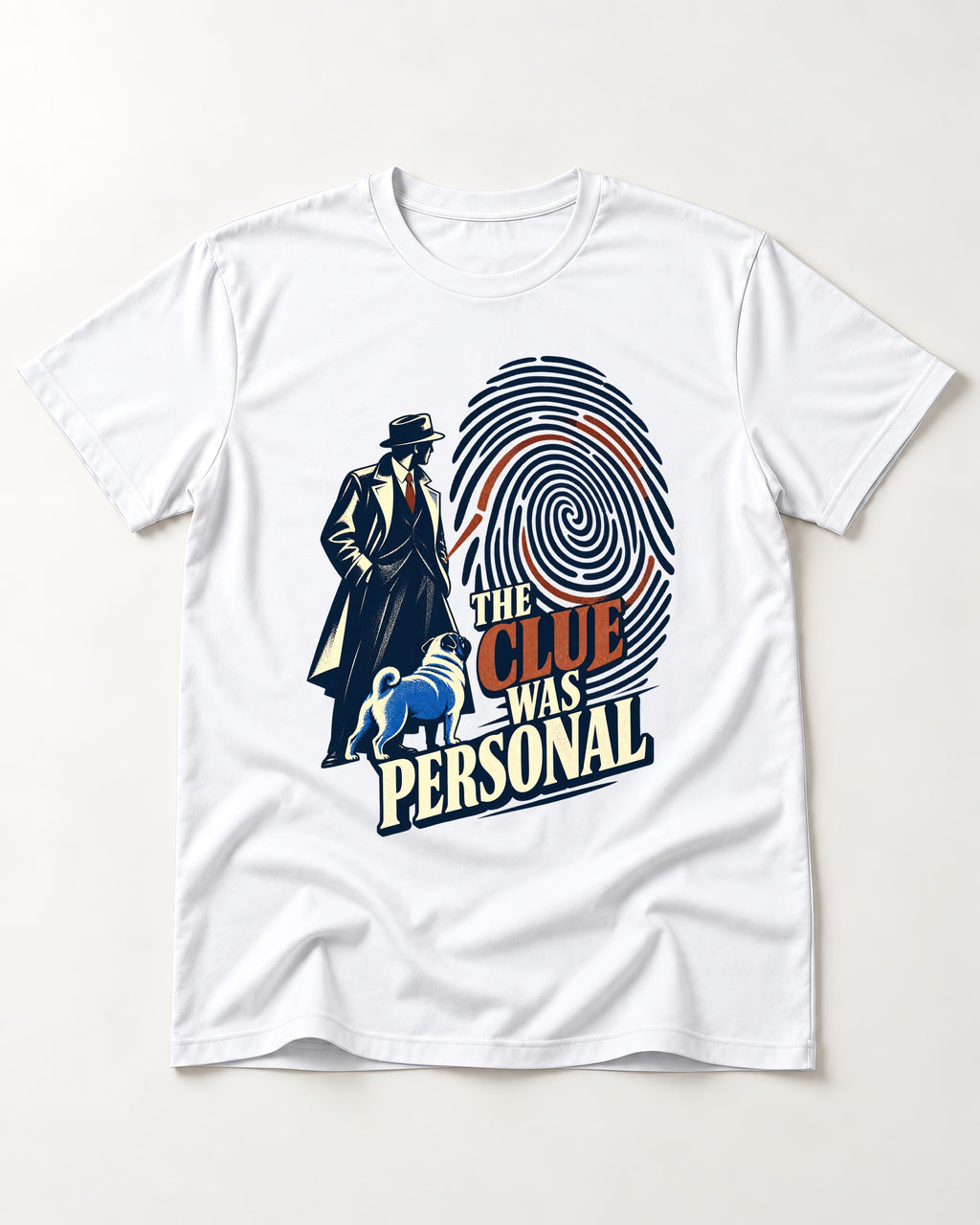The Pug Clue Was Personal T-Shirt in White, flat lay product photo