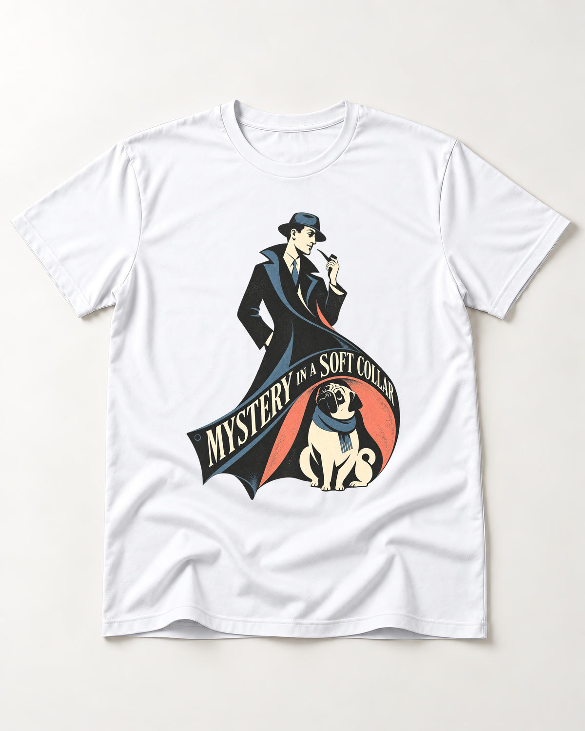 Pug Soft Collar Mystery T-Shirt in White, flat lay product photo