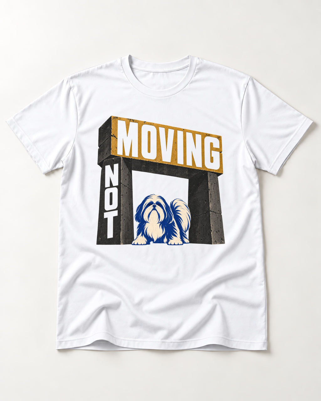 Not Moving Shih Tzu T-Shirt in White, flat lay product photo