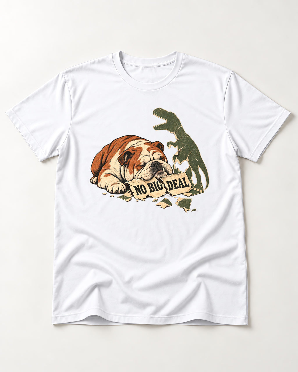 English Bulldog No Big Deal T-Shirt in White, flat lay product photo