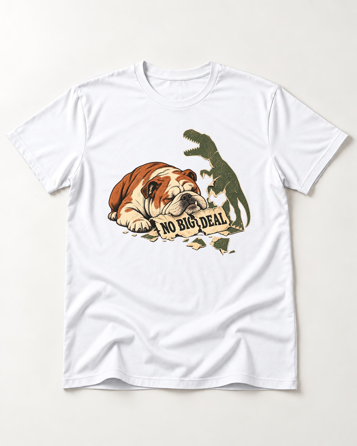 English Bulldog No Big Deal T-Shirt in White, flat lay product photo