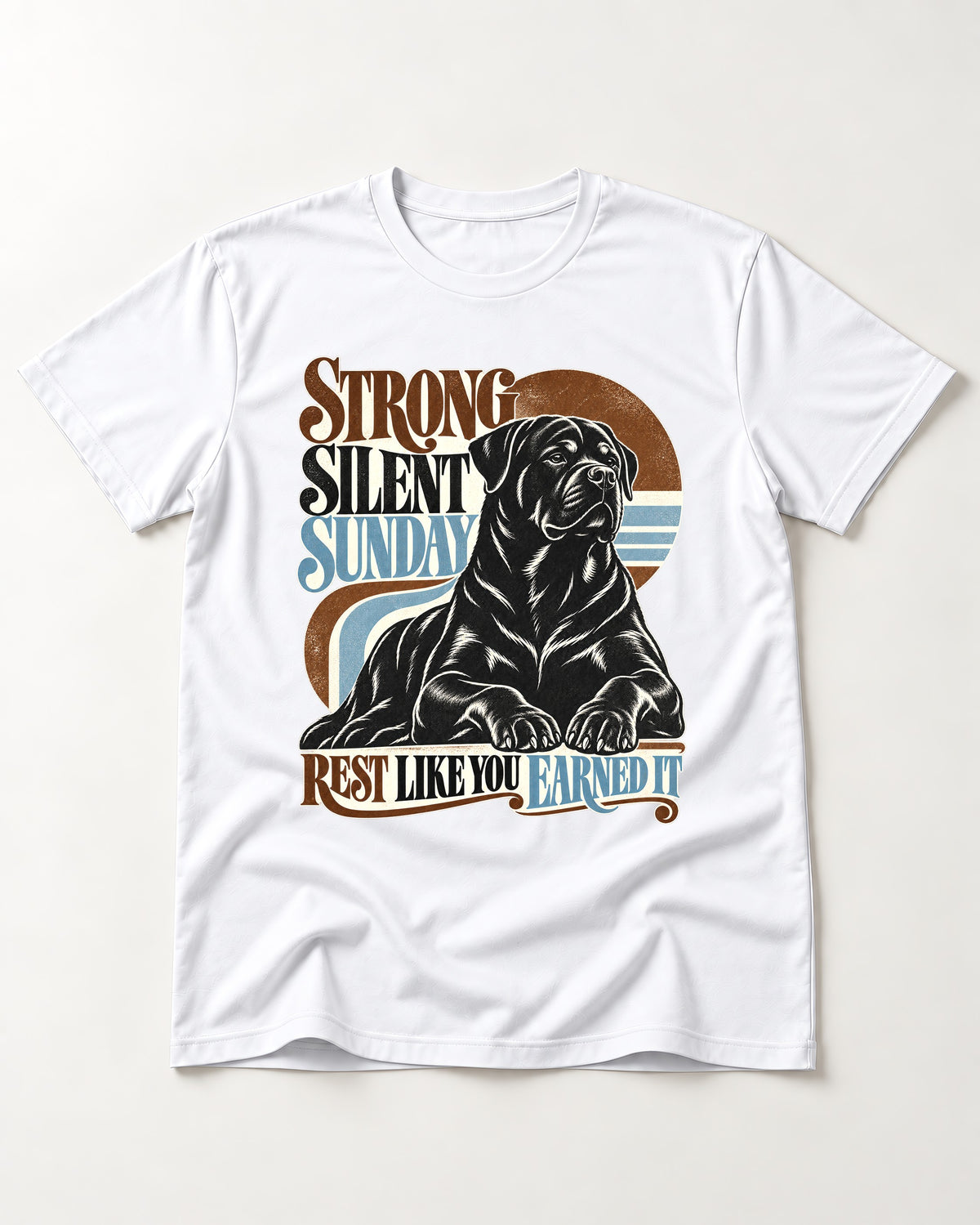Strong Silent Sunday Rottweiler T-Shirt in White, flat lay product photo