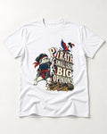 Pirate English Bulldog Big Opinions T-Shirt in White, flat lay product photo