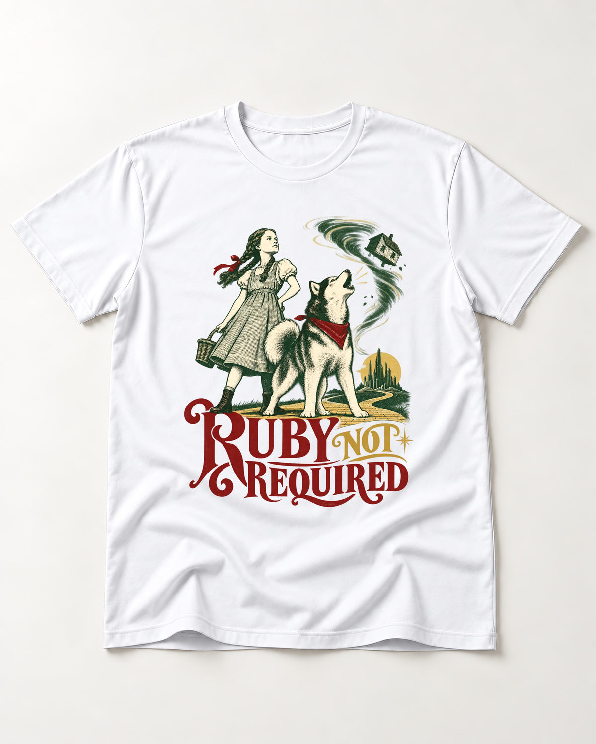 Ruby Not Required for Husky T-Shirt in White, flat lay product photo
