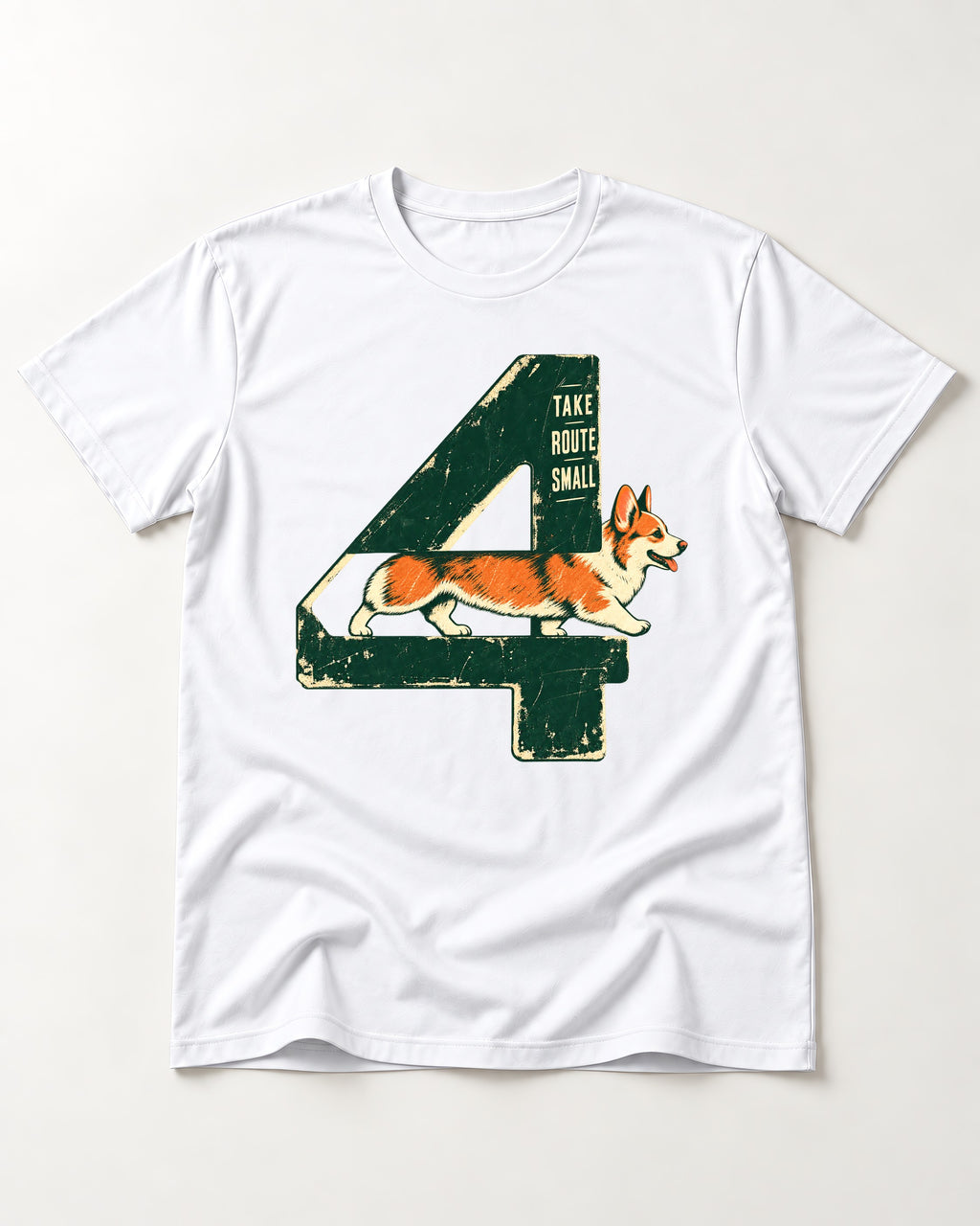 Take Route Small Corgi T-Shirt in White, flat lay product photo