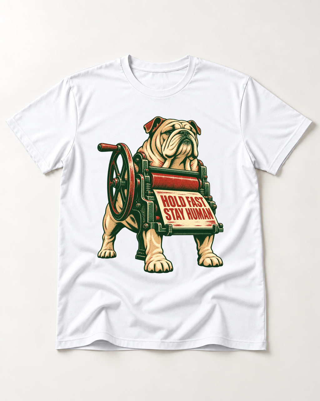 Hold Fast Stay Human English Bulldog T-Shirt in White, flat lay product photo