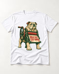 Hold Fast Stay Human English Bulldog T-Shirt in White, flat lay product photo