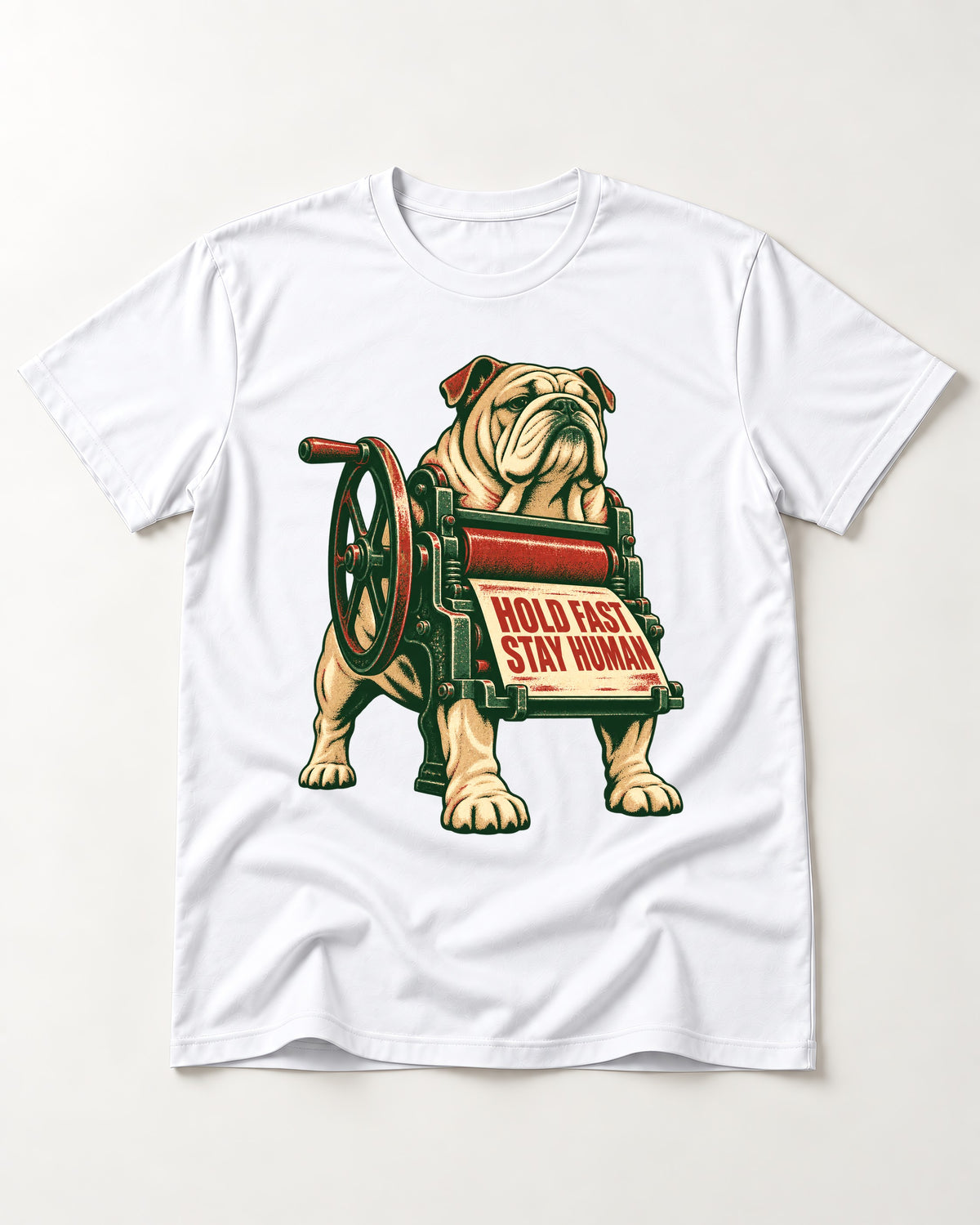 Hold Fast Stay Human English Bulldog T-Shirt in White, flat lay product photo