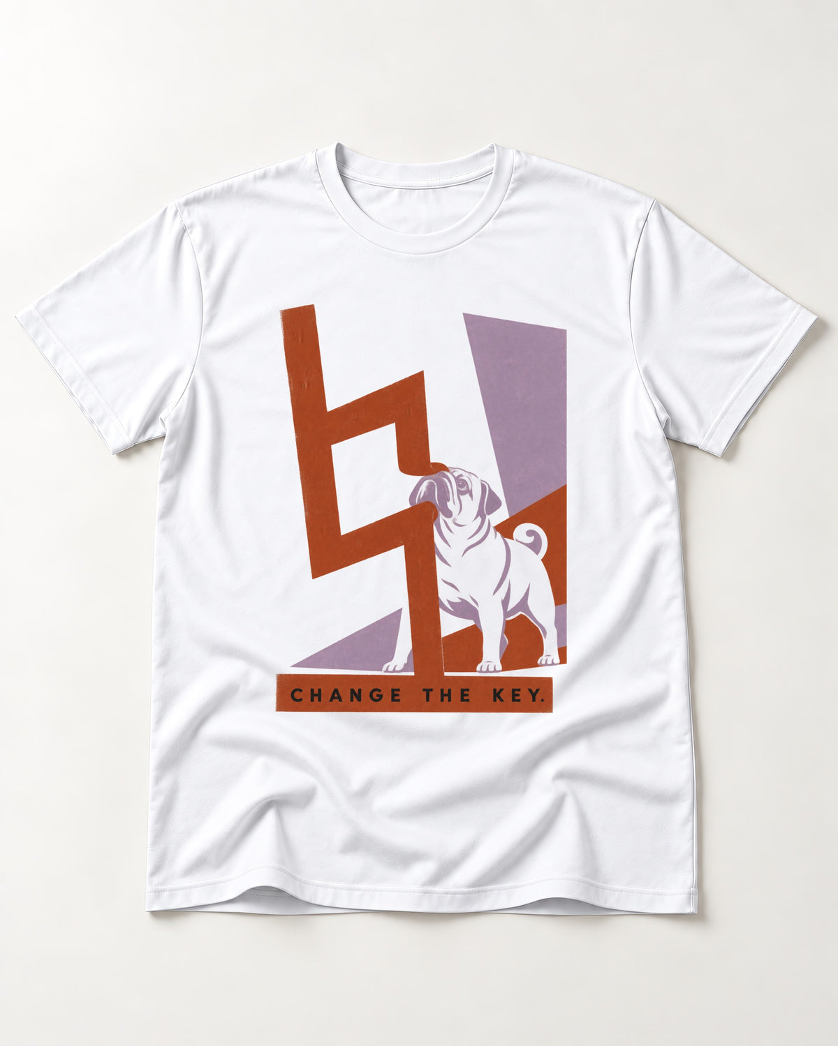 Pug Change the Key T-Shirt in White, flat lay product photo