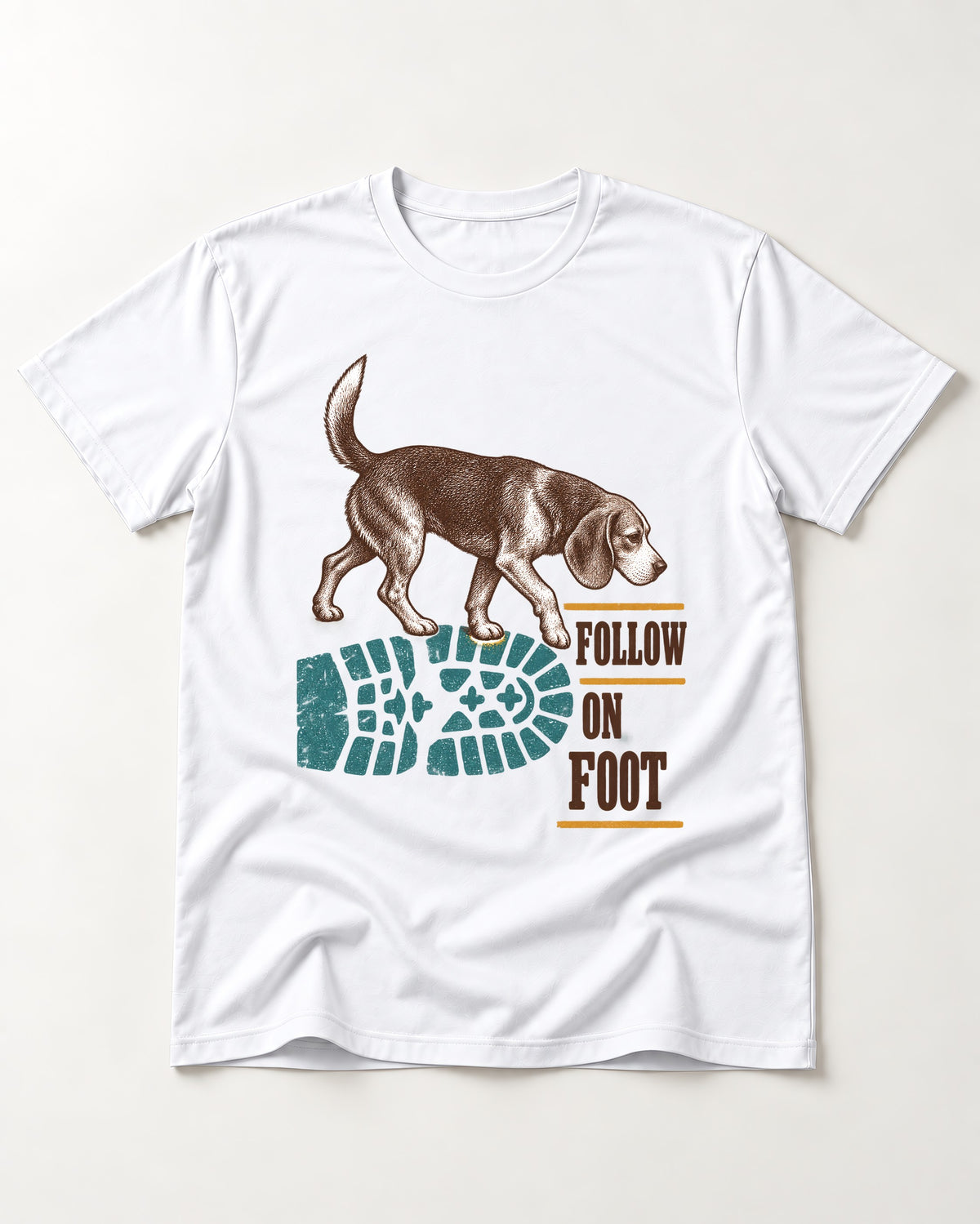 Follow the Beagle on Foot T-Shirt in White, flat lay product photo