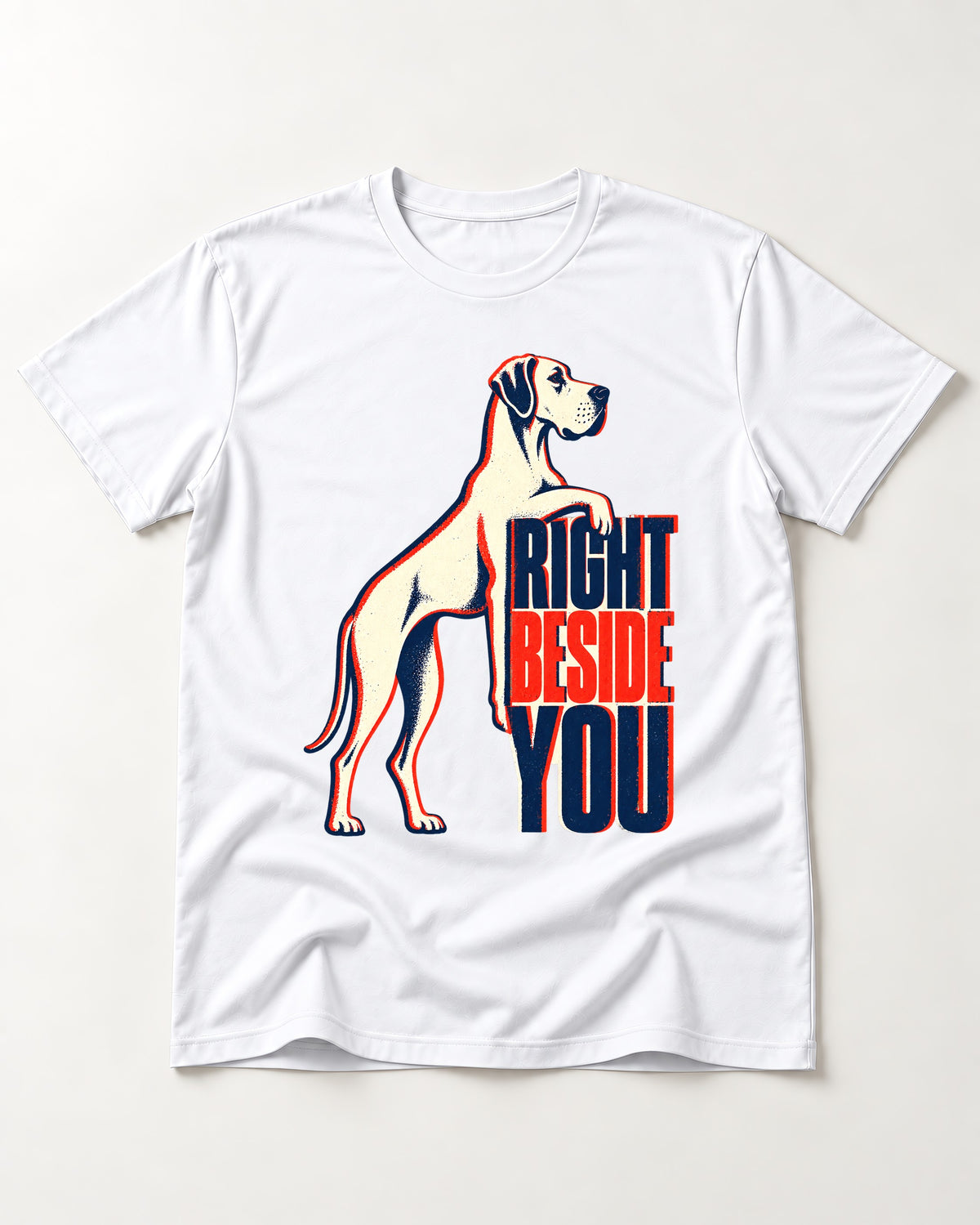 Great Dane Right Beside You T-Shirt in White, flat lay product photo
