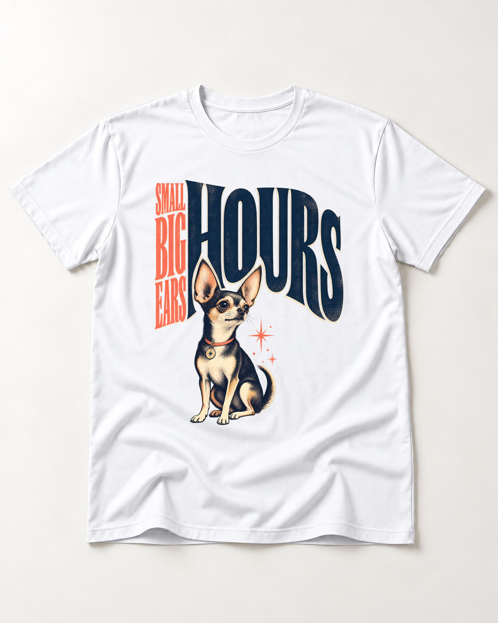 Chihuahua Small Big Ears Hours T-Shirt in White, flat lay product photo