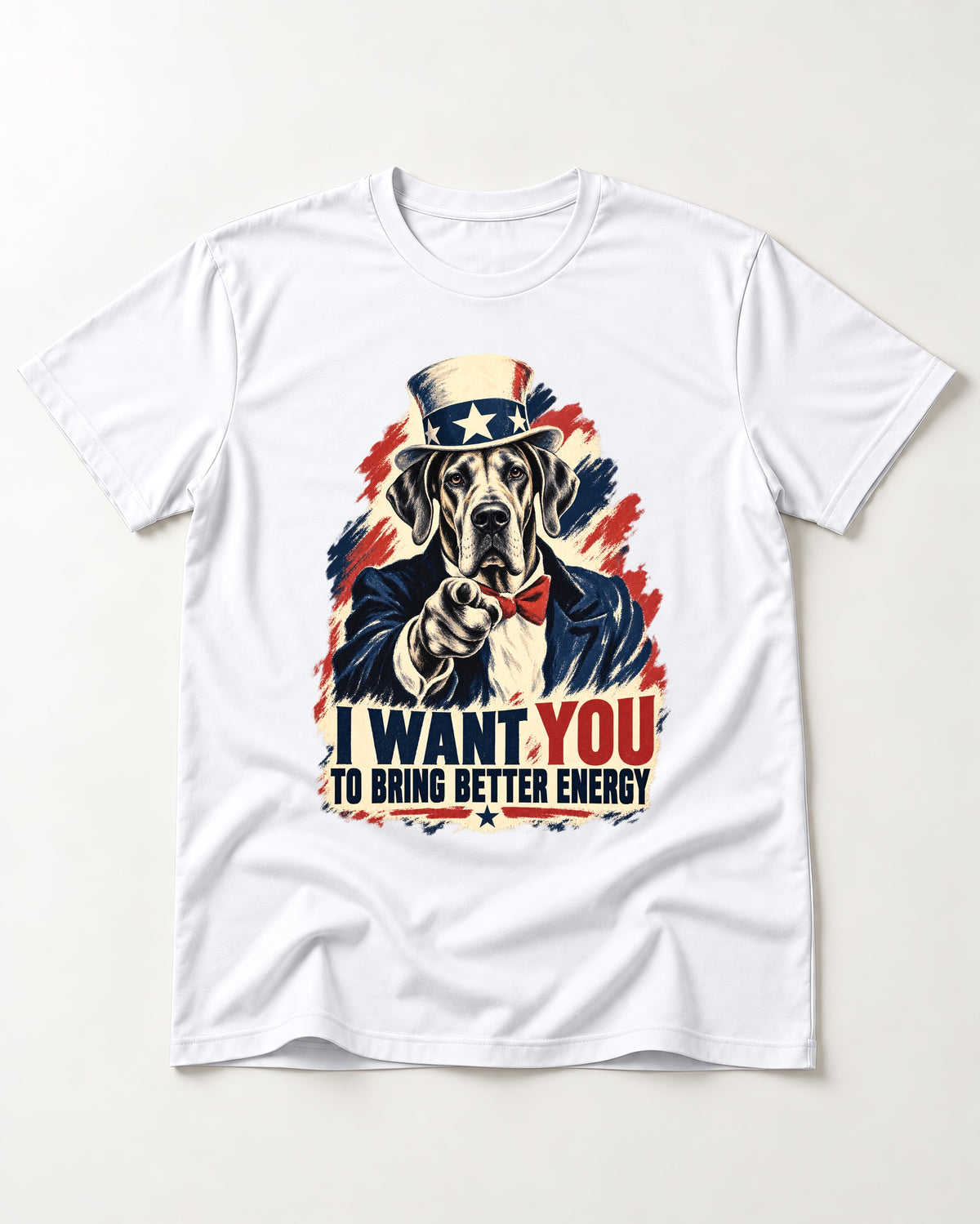 Great Dane I Want You to Bring Better Energy Uncle Sam Graphic T-Shirt in White, flat lay product photo