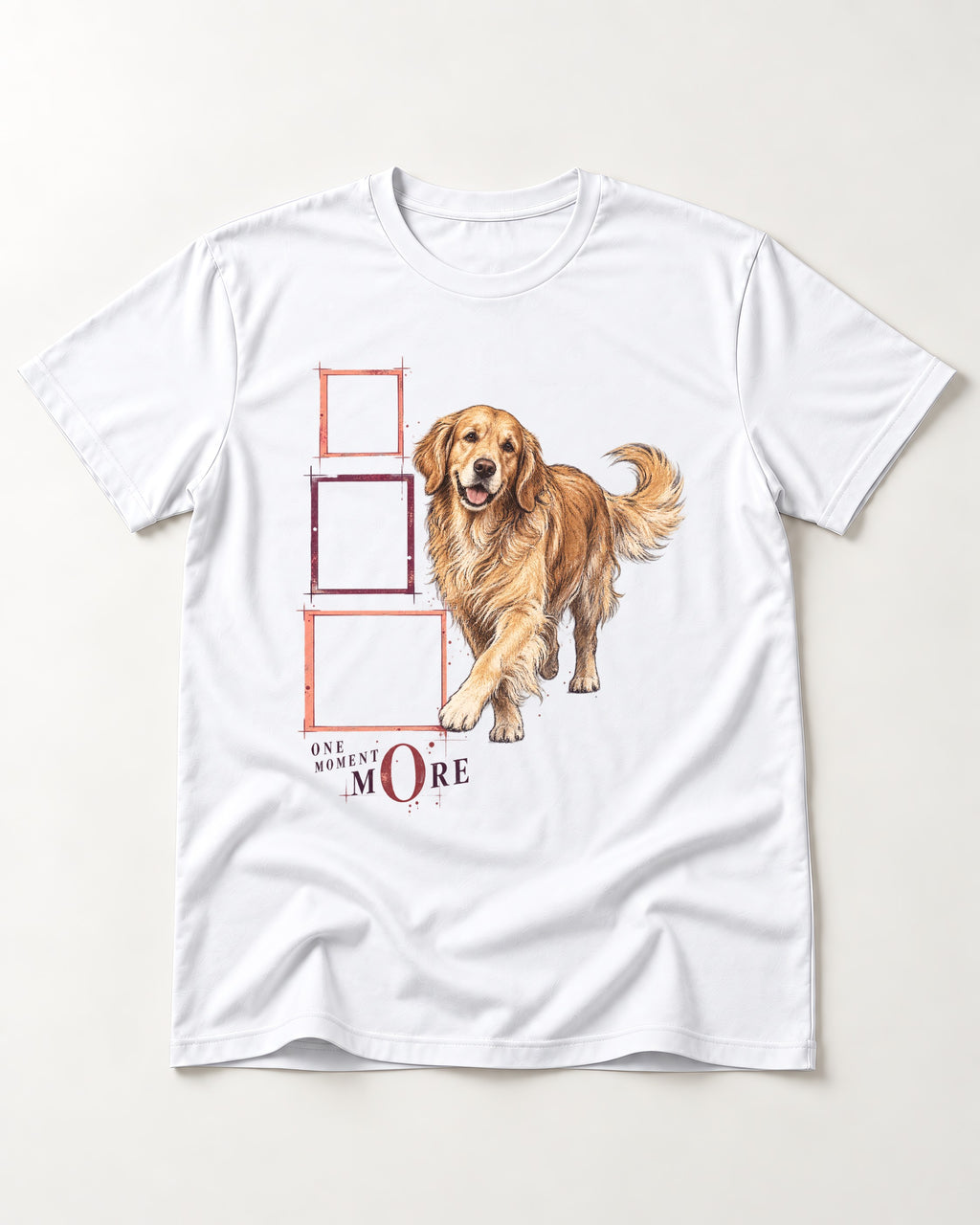 Golden Retriever One Moment More T-Shirt in White, flat lay product photo