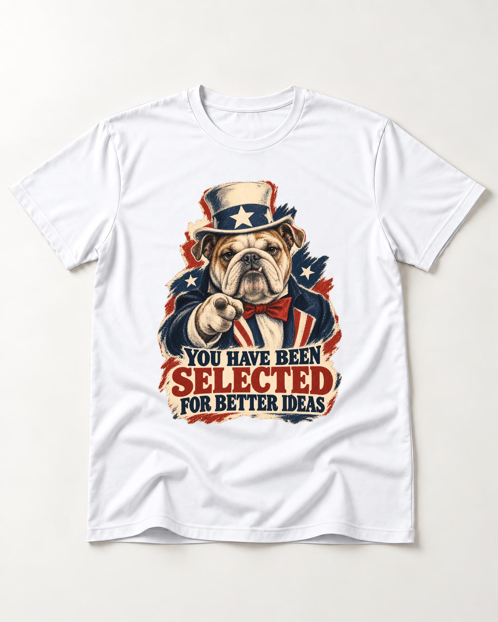 English Bulldog Selected for Better Ideas T-Shirt in White, flat lay product photo