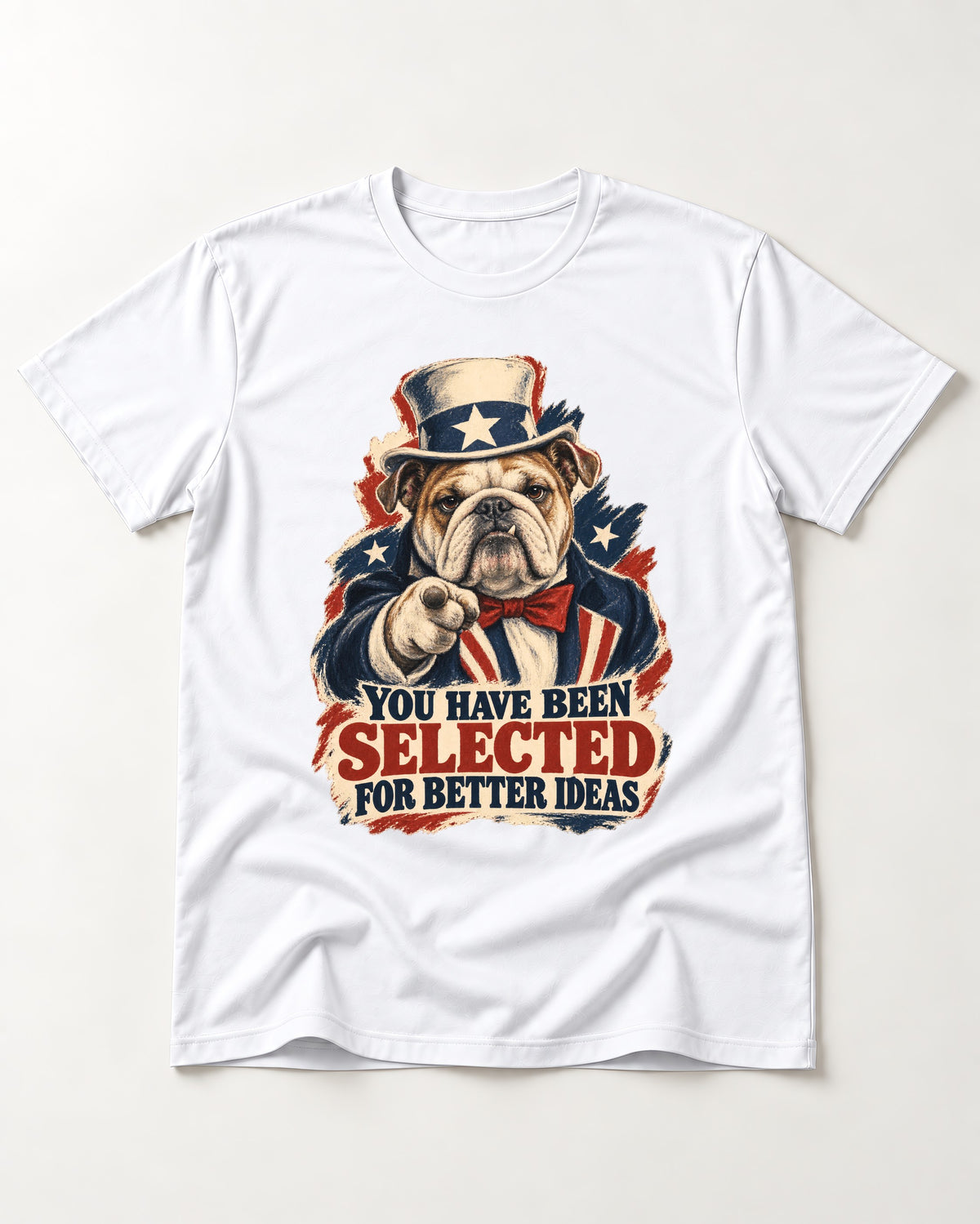 English Bulldog Selected for Better Ideas T-Shirt in White, flat lay product photo