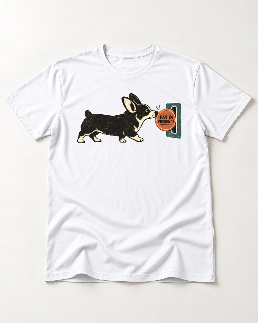 Corgi Pay in Presence T-Shirt in White, flat lay product photo