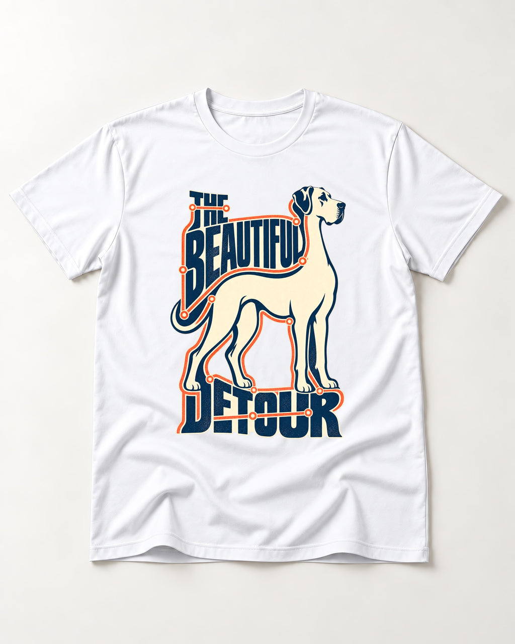 Great Dane's Beautiful Detour T-Shirt in White, flat lay product photo