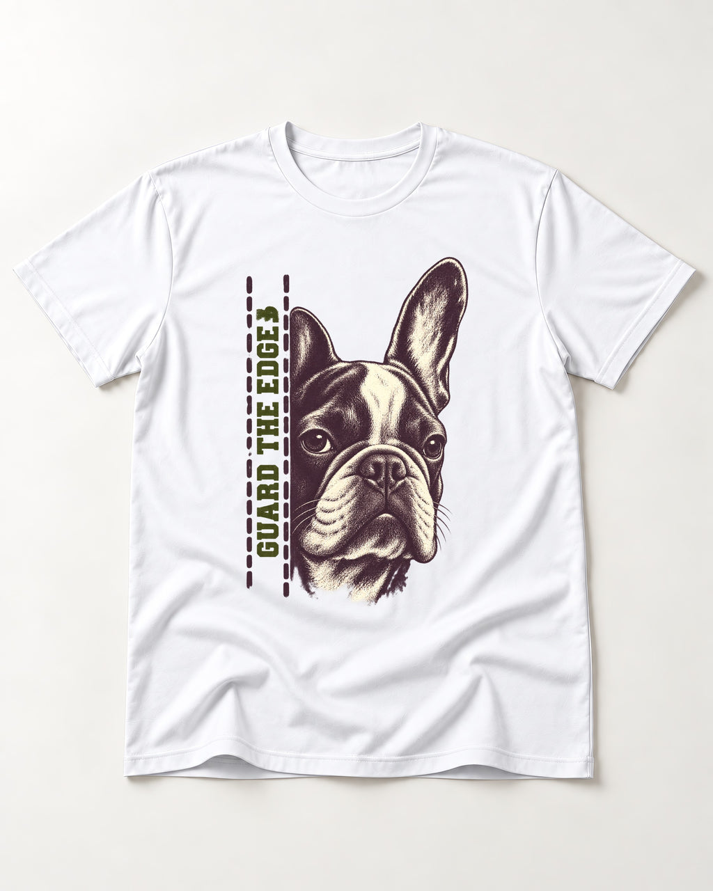 Frenchie Guard the Edge T-Shirt in White, flat lay product photo