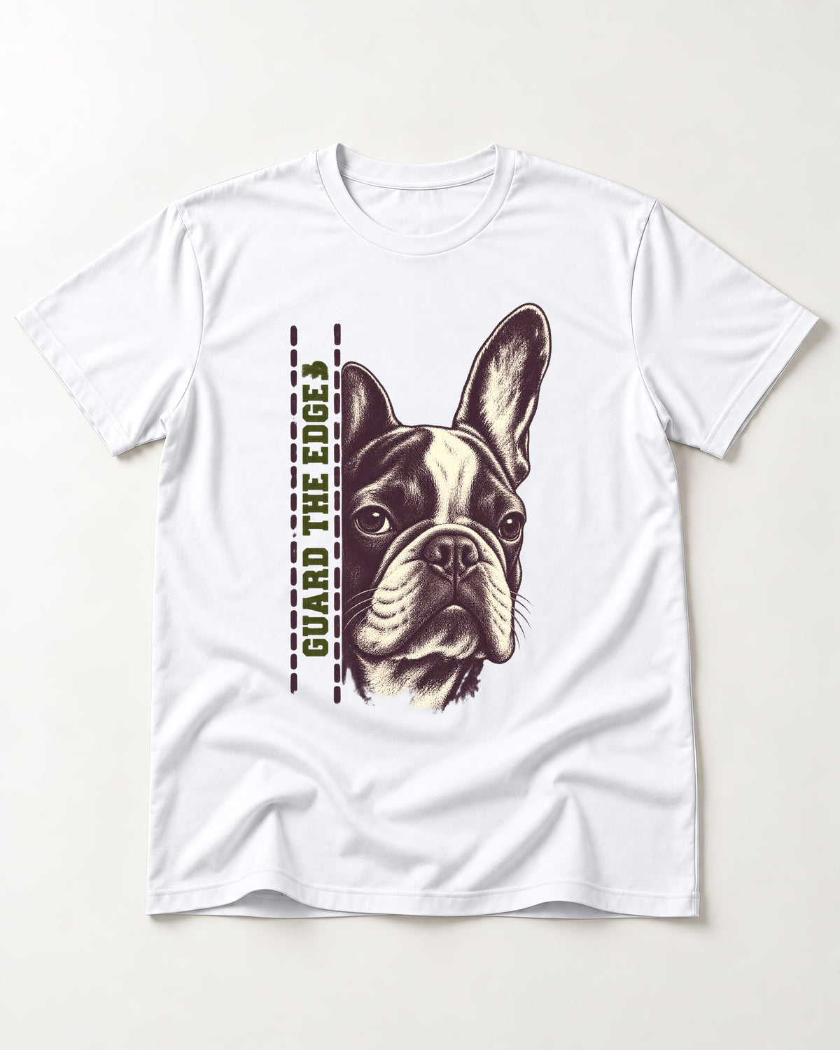 Frenchie Guard the Edge T-Shirt in White, flat lay product photo