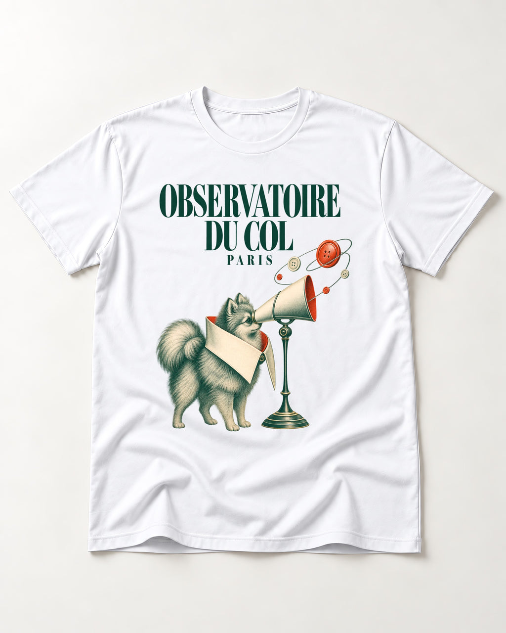 Pomeranian Observatoire Du Col T-Shirt in White, flat lay product photo