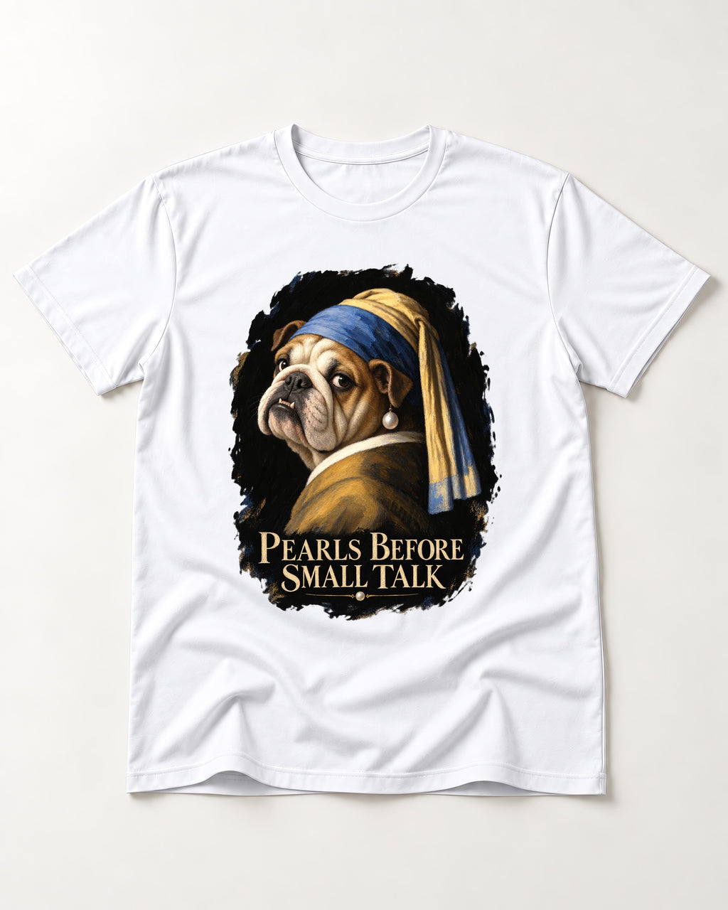 English Bulldog Pearls Before Small Talk Portrait T-Shirt in White, flat lay product photo