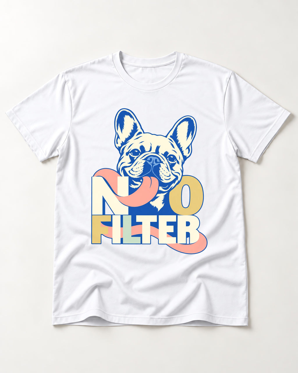 No Filter Frenchie T-Shirt in White, flat lay product photo