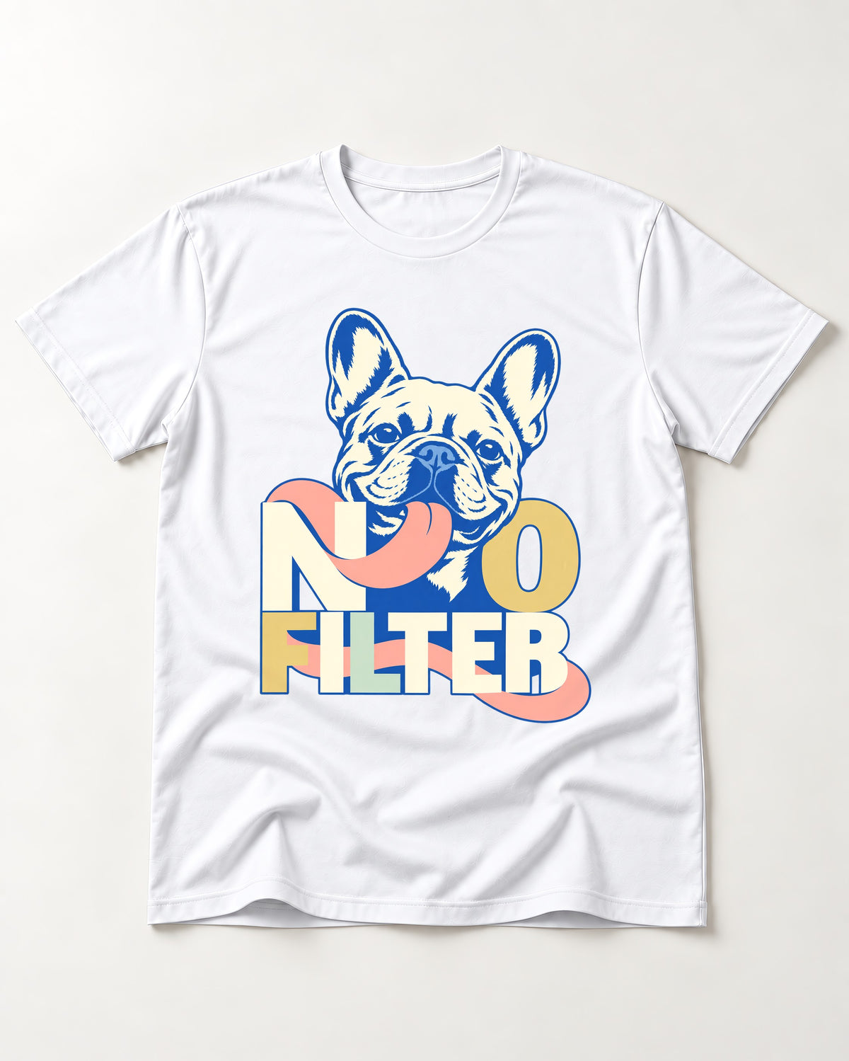 No Filter Frenchie T-Shirt in White, flat lay product photo