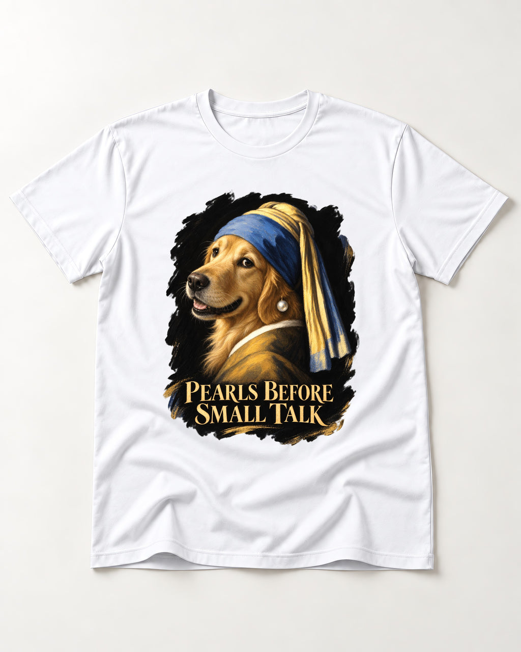 Pearls Before Small Talk Pearl Portrait Golden Retriever Graphic T-Shirt in White, flat lay product photo