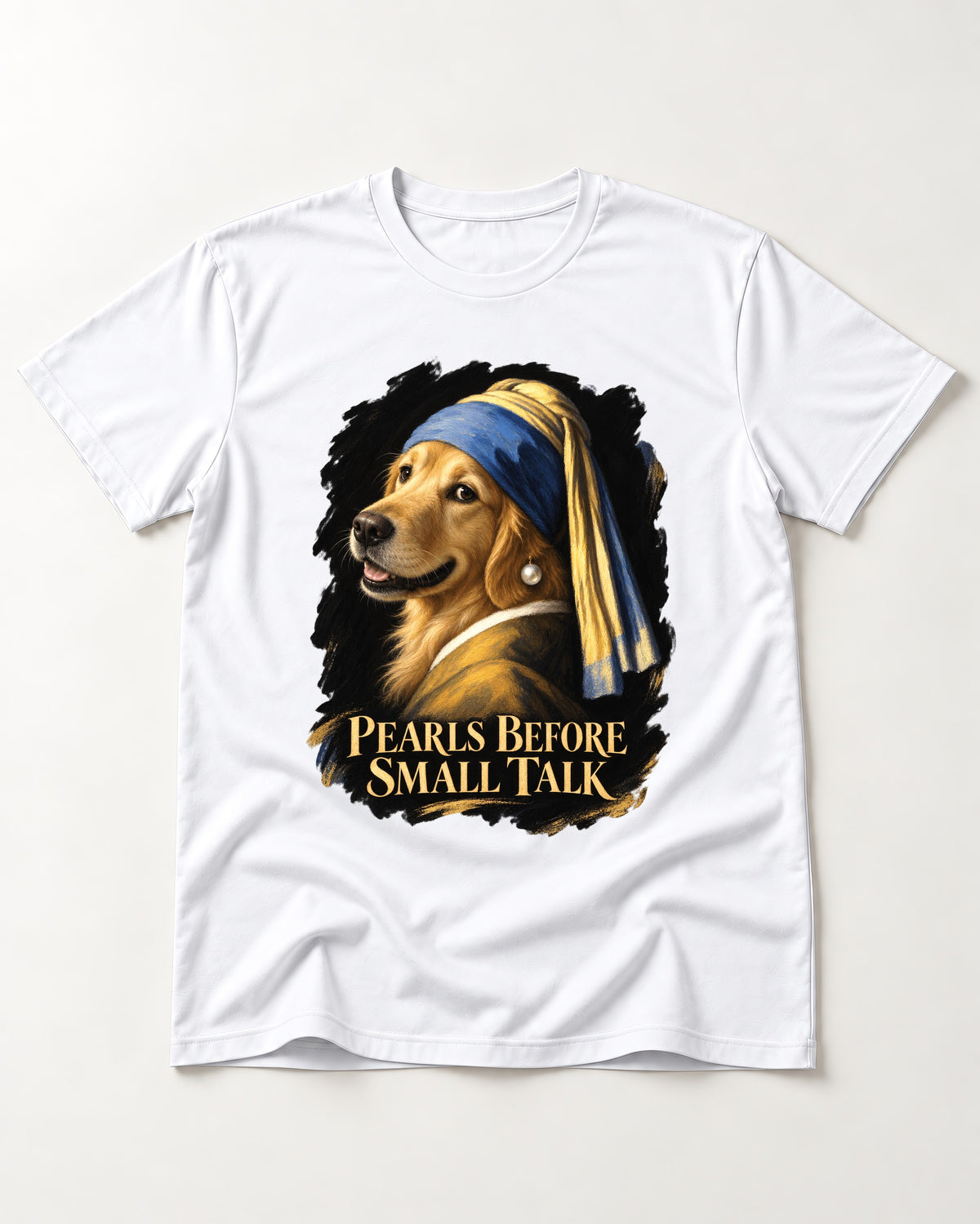 Pearls Before Small Talk Pearl Portrait Golden Retriever Graphic T-Shirt in White, flat lay product photo