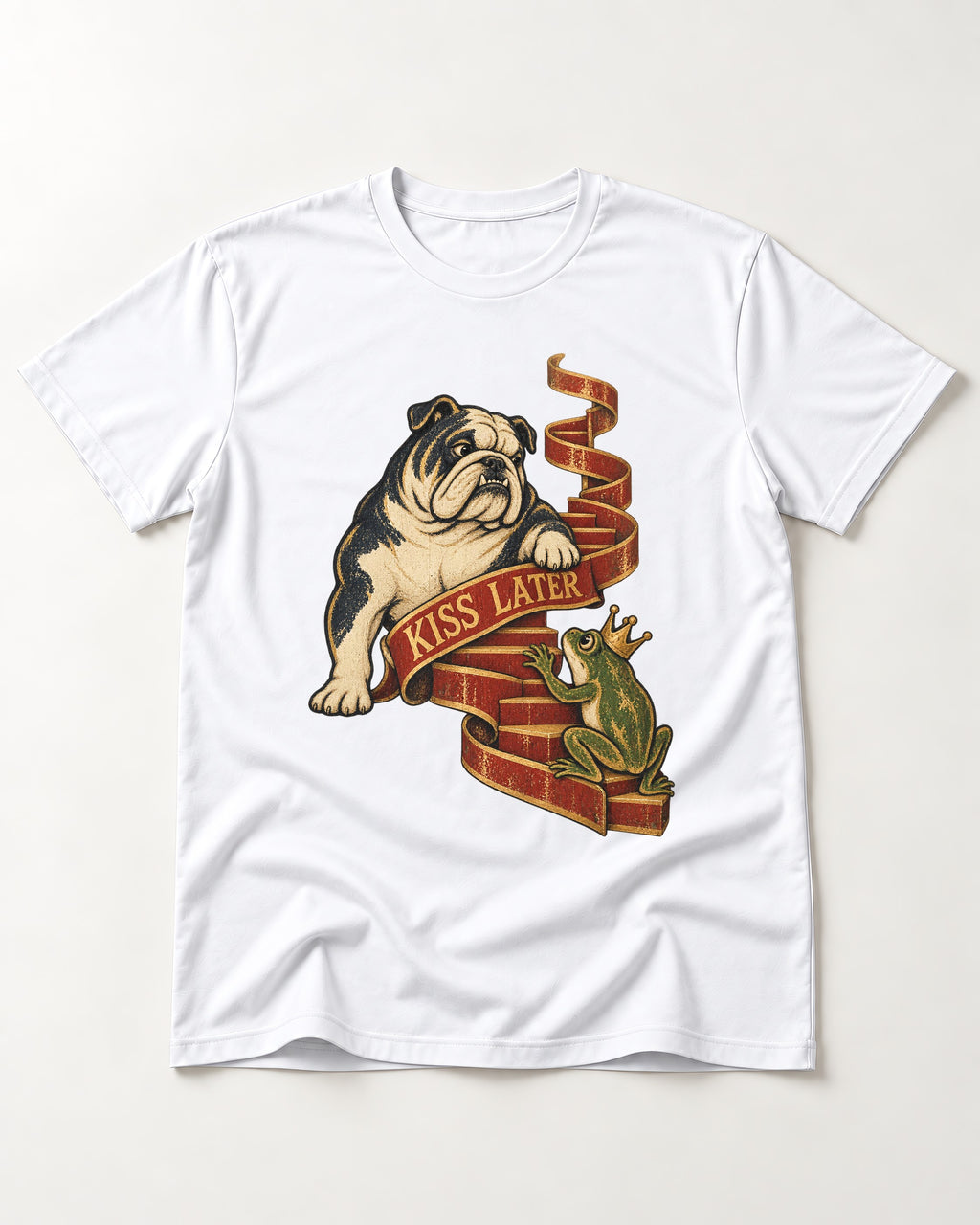 English Bulldog Kiss Later Frog Prince Graphic T-Shirt in White, flat lay product photo