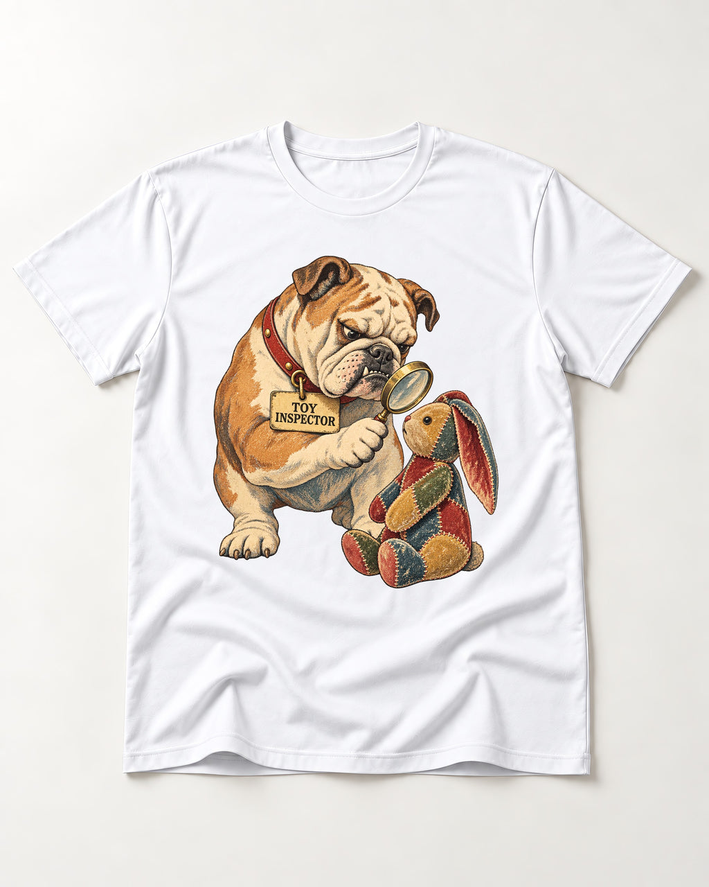 English Bulldog Toy Inspector T-Shirt in White, flat lay product photo
